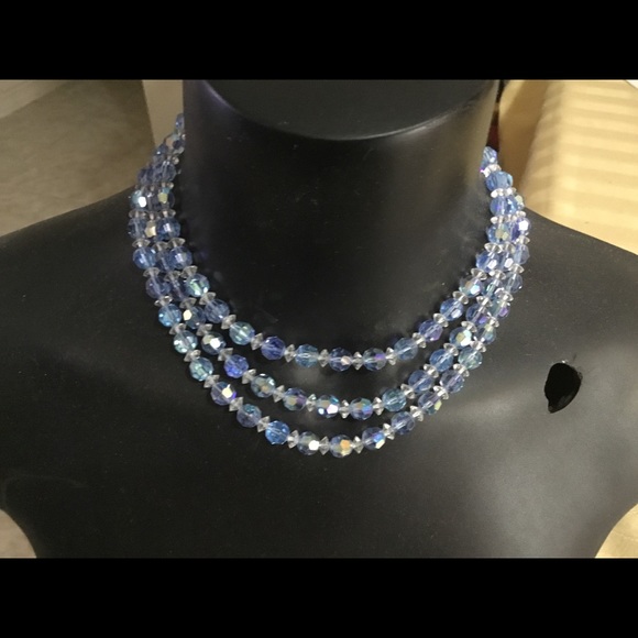 HOST PICK-VINTAGE CRYSTAL SET /BLUE THREE STRAND NECKLACE WITH CLIP EARRINGS - Picture 2 of 6